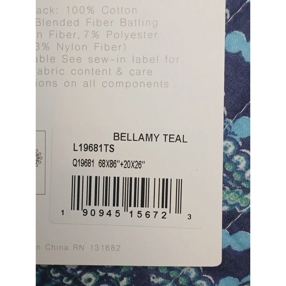 Levtex Twin 2 Peice Bellamy Teal Quilt Set Reversible Blue/Teal/White Print NEW